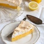 a slice of pie with lemon filling on a plate, lemons behind it.
