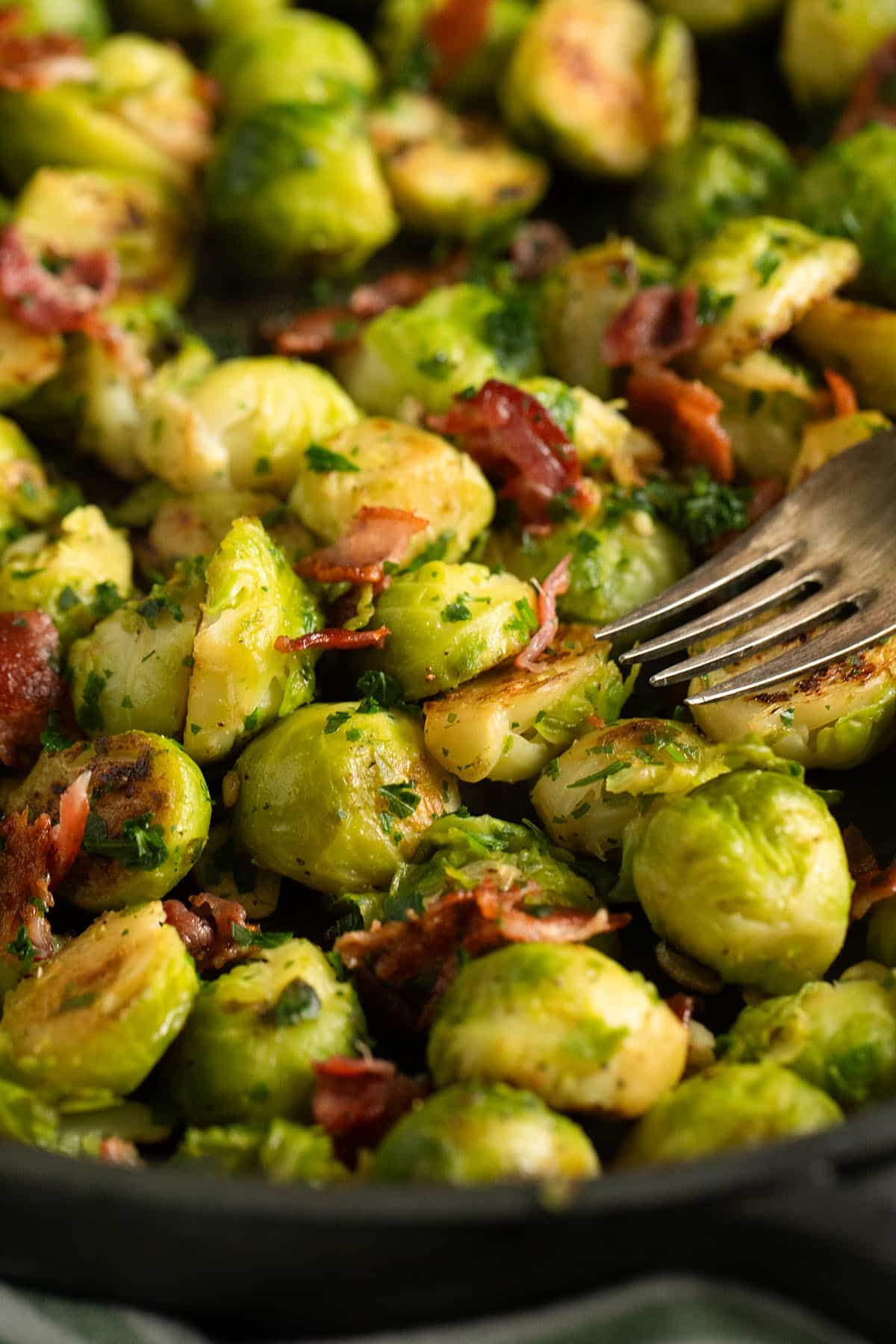 pan cooked brussels sprouts with bacon and garlic.
