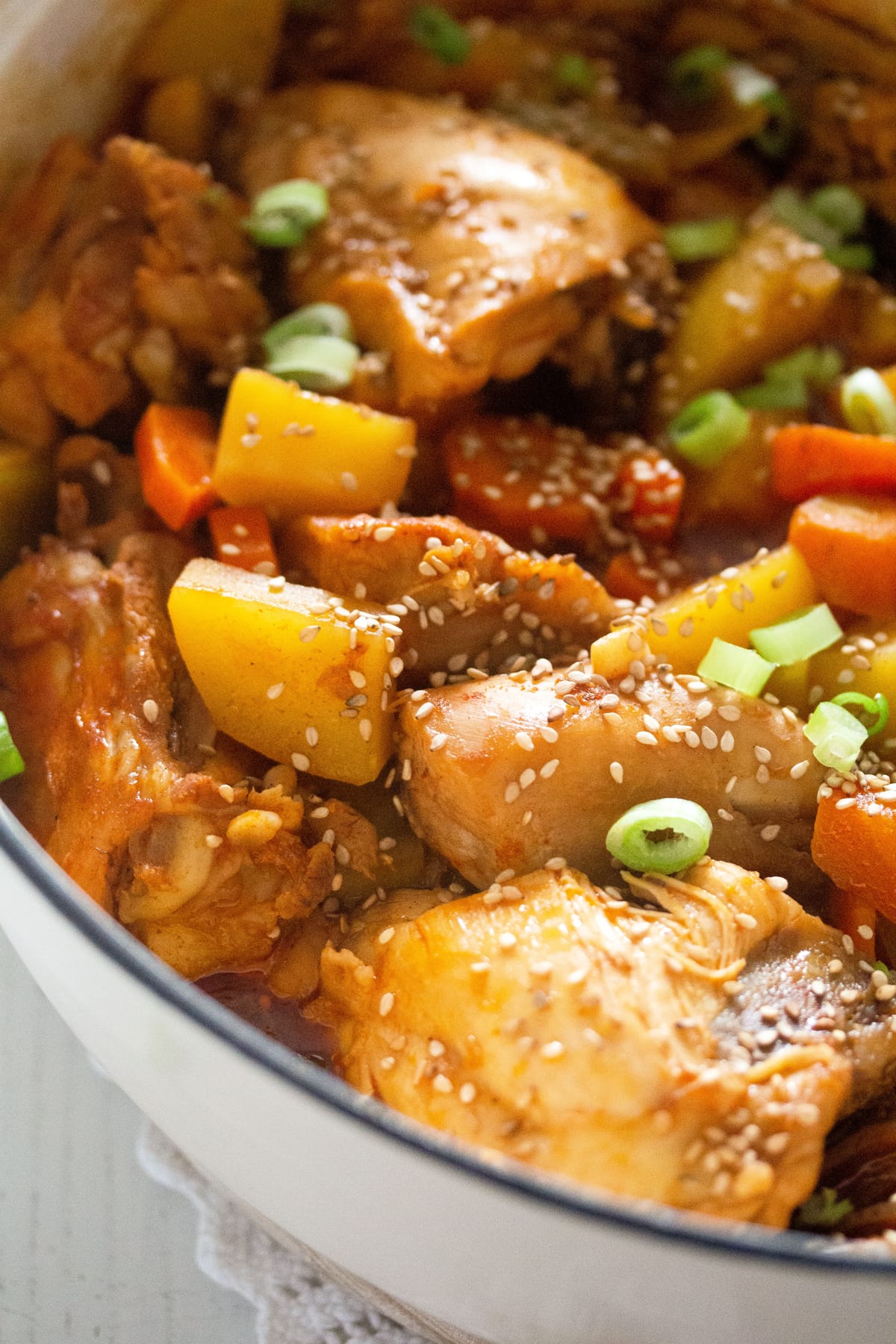close up asian chicken stew with vegetables chunks in it.