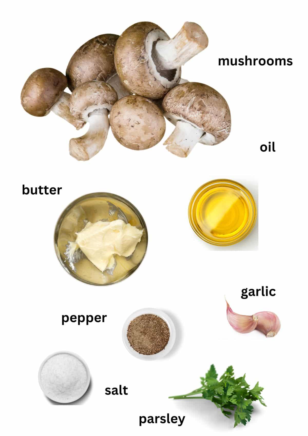 labeled ingredients for making sauteed mushrooms.