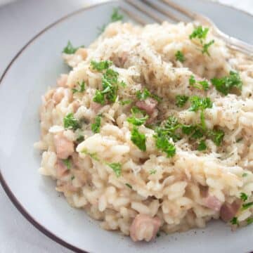 leftover turkey risotto sprinkled with parmesan and parsley on a plate.