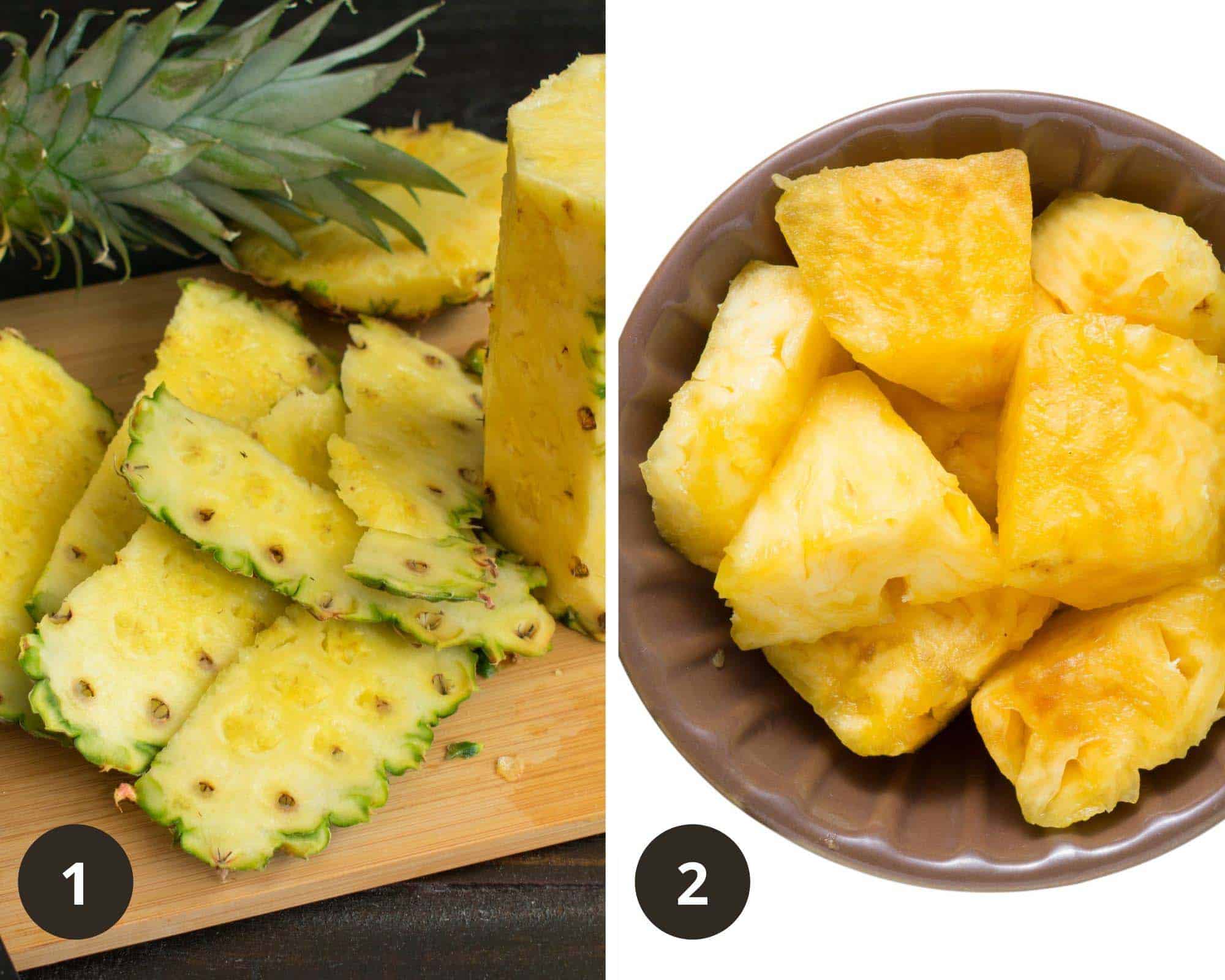 collage of two pictures of peeling and chopping fresh pineapple.