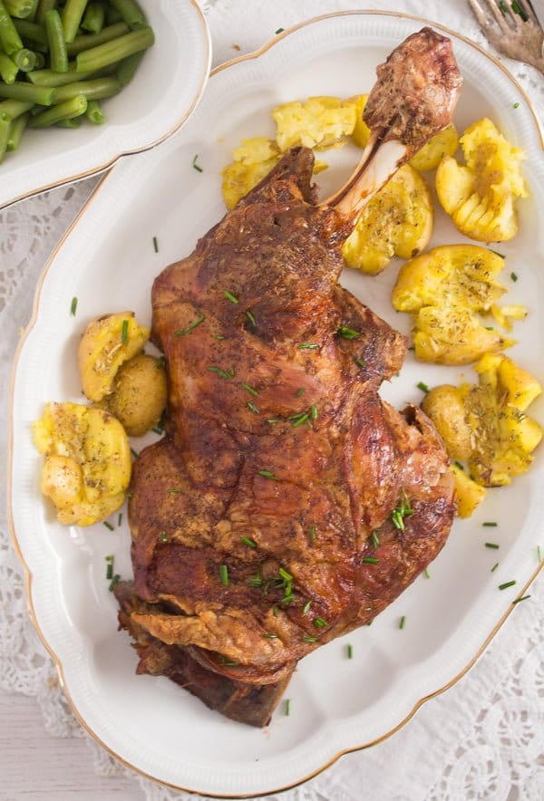 roasted shoulder of lamb with smashed potatoes