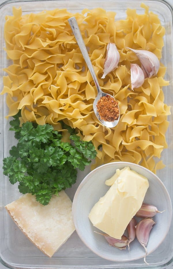 dry pasta, parsley, cheese and garlic