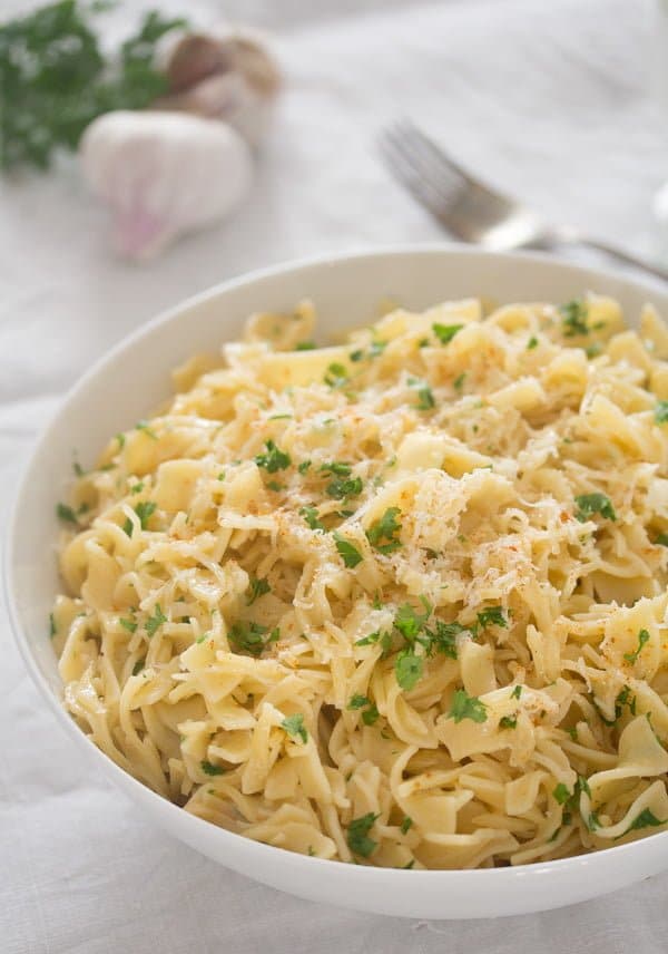 bowl with garlic parmesan pasta