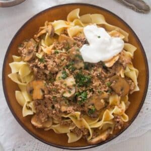 ground beef and mushroom stroganoff served with pasta and a dollop of sour cream.