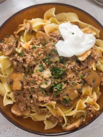 ground beef and mushroom stroganoff served with pasta and a dollop of sour cream.