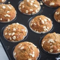a whole tray with oatmeal banana muffins