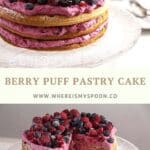 pinterest image with title for berry puff pastry cake on a cake platter.
