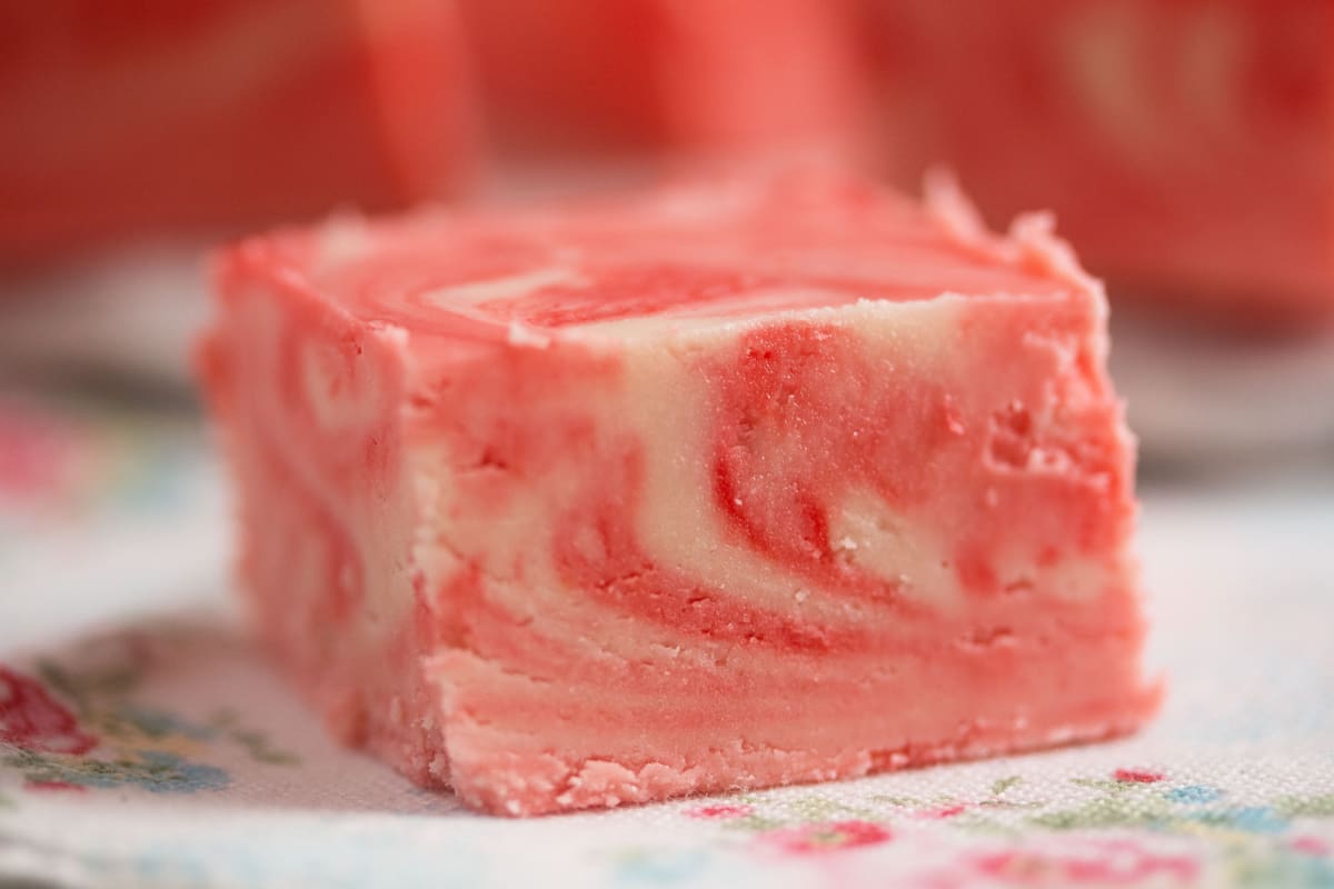 close up cube of strawberry fudge.