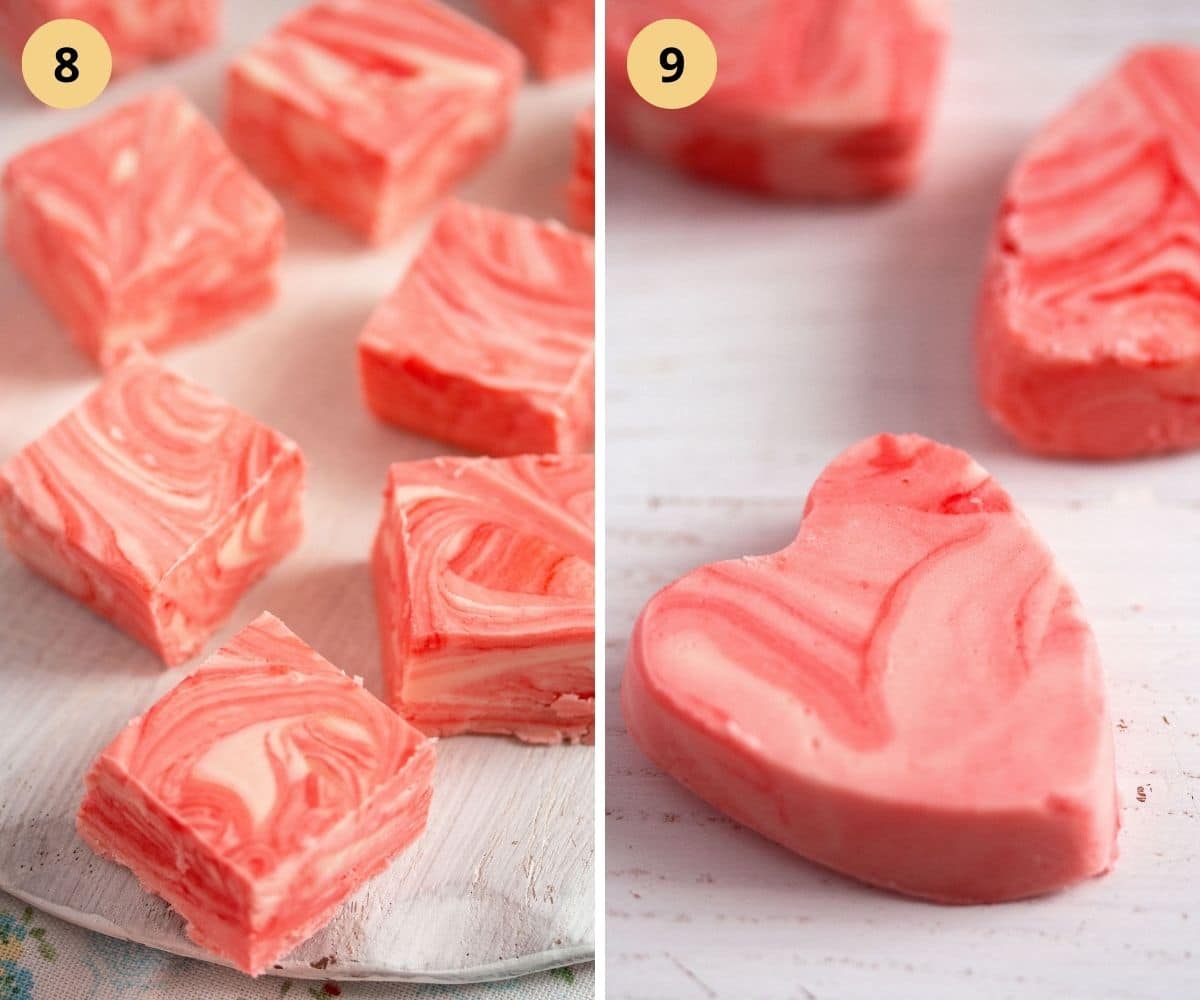 collage of two pictures of cubed and heart-shaped strawberry fluff fudge.