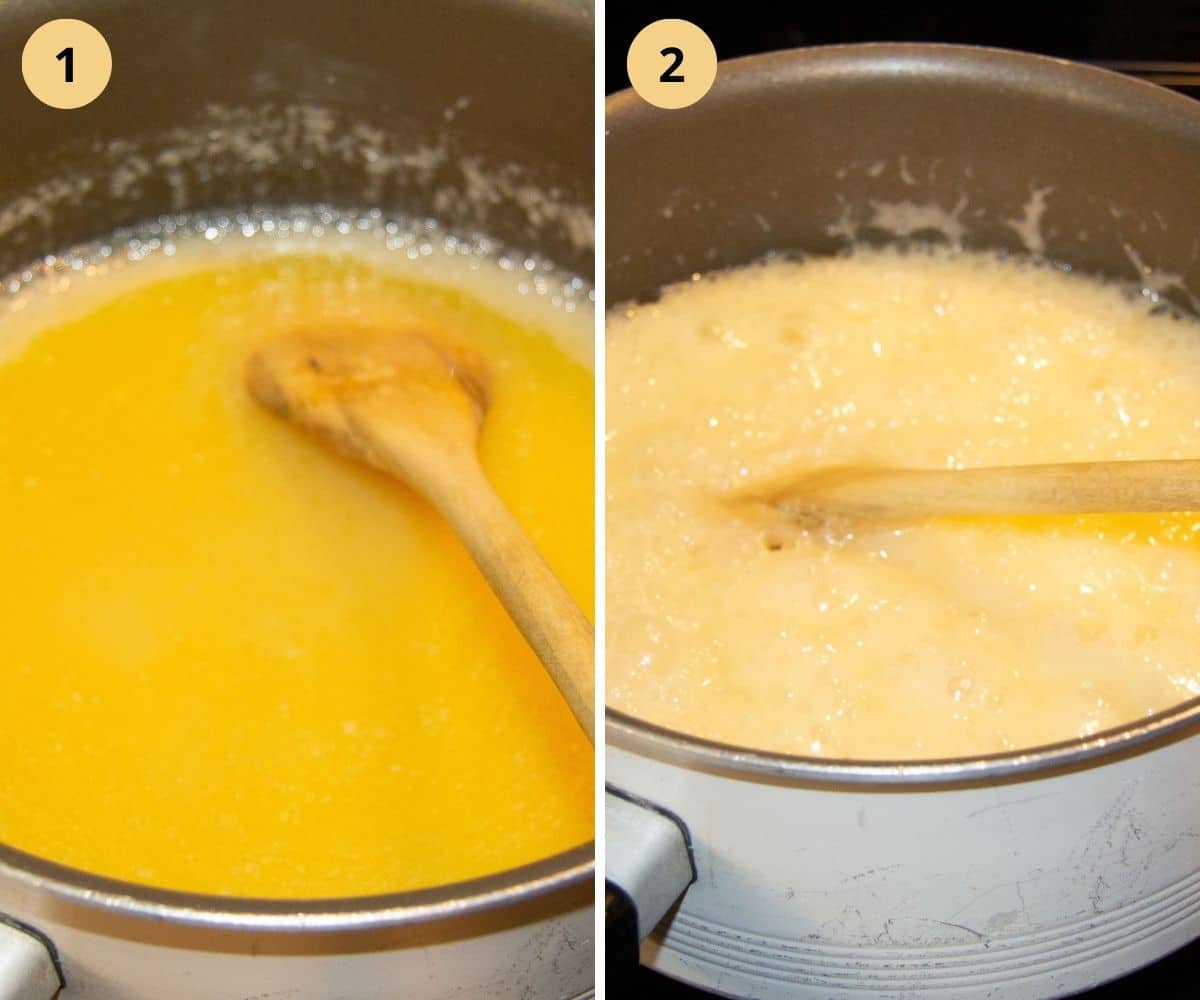 collage of two pictures of melting and boiling butter for fudge in a pot.