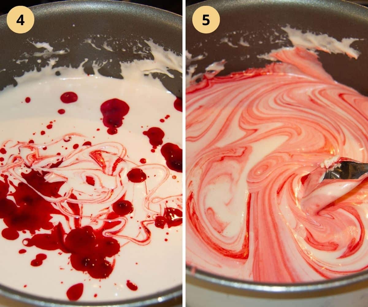 collage of two pictures of coloring and swirling fudge.
