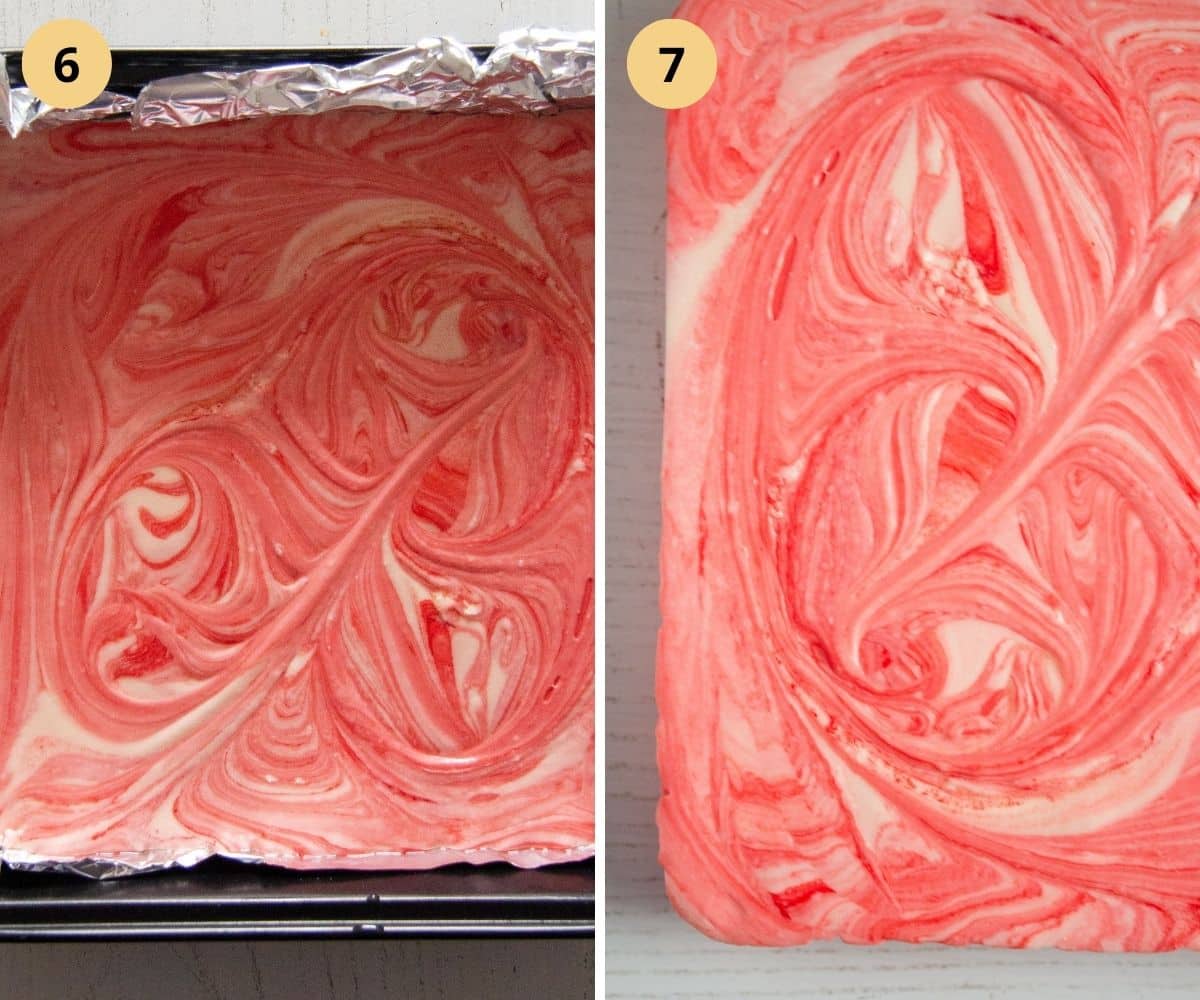 collage of two pictures of swirl fudge setting in the pan.