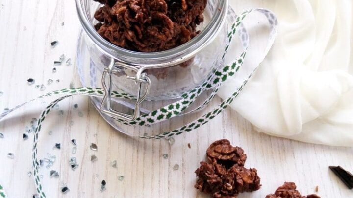 choco crossies in a jar and on a white table