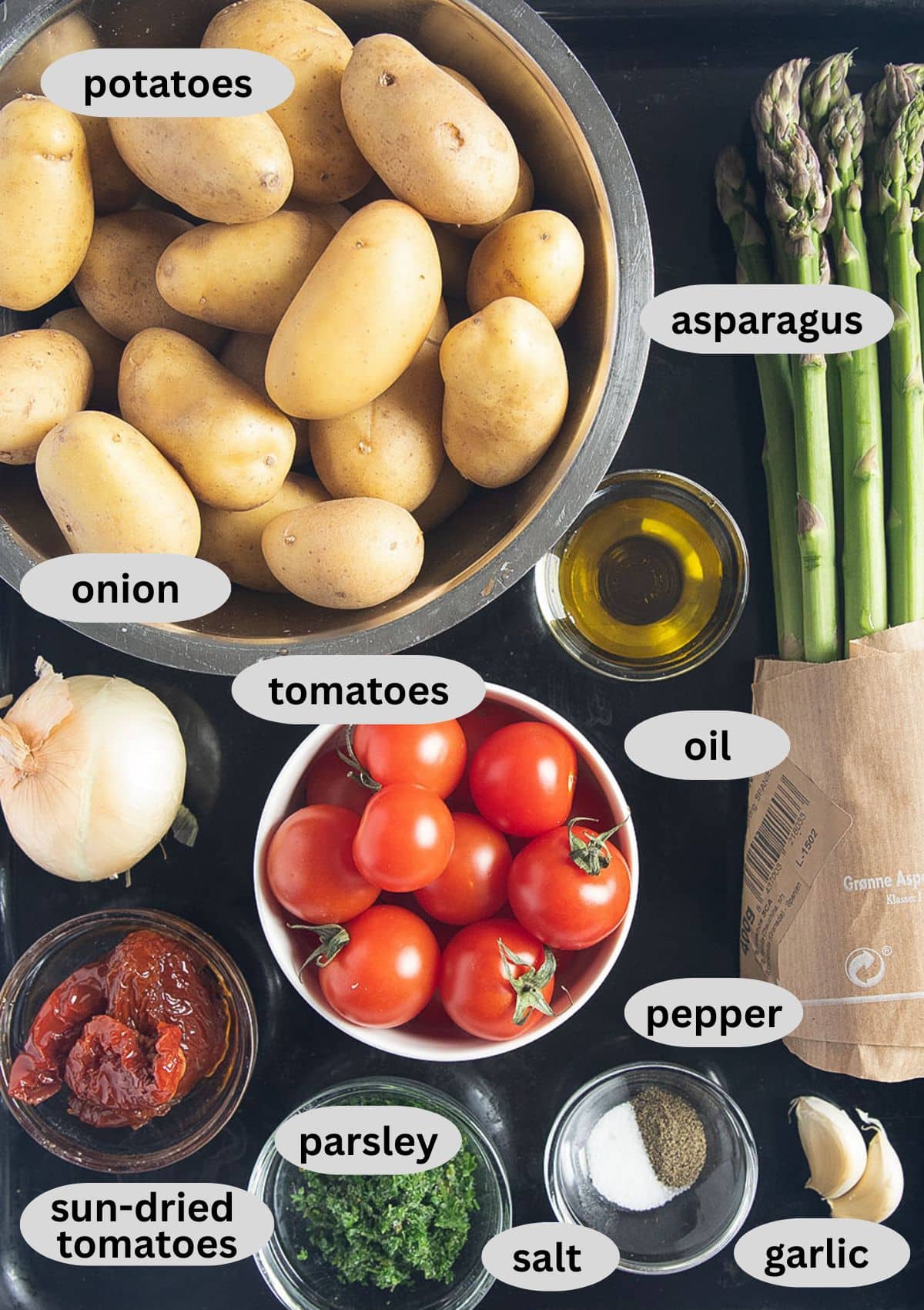 labeled ingredients for making skillet asparagus and potatoes with tomatoes, sund-dried tomatoes and parsley.