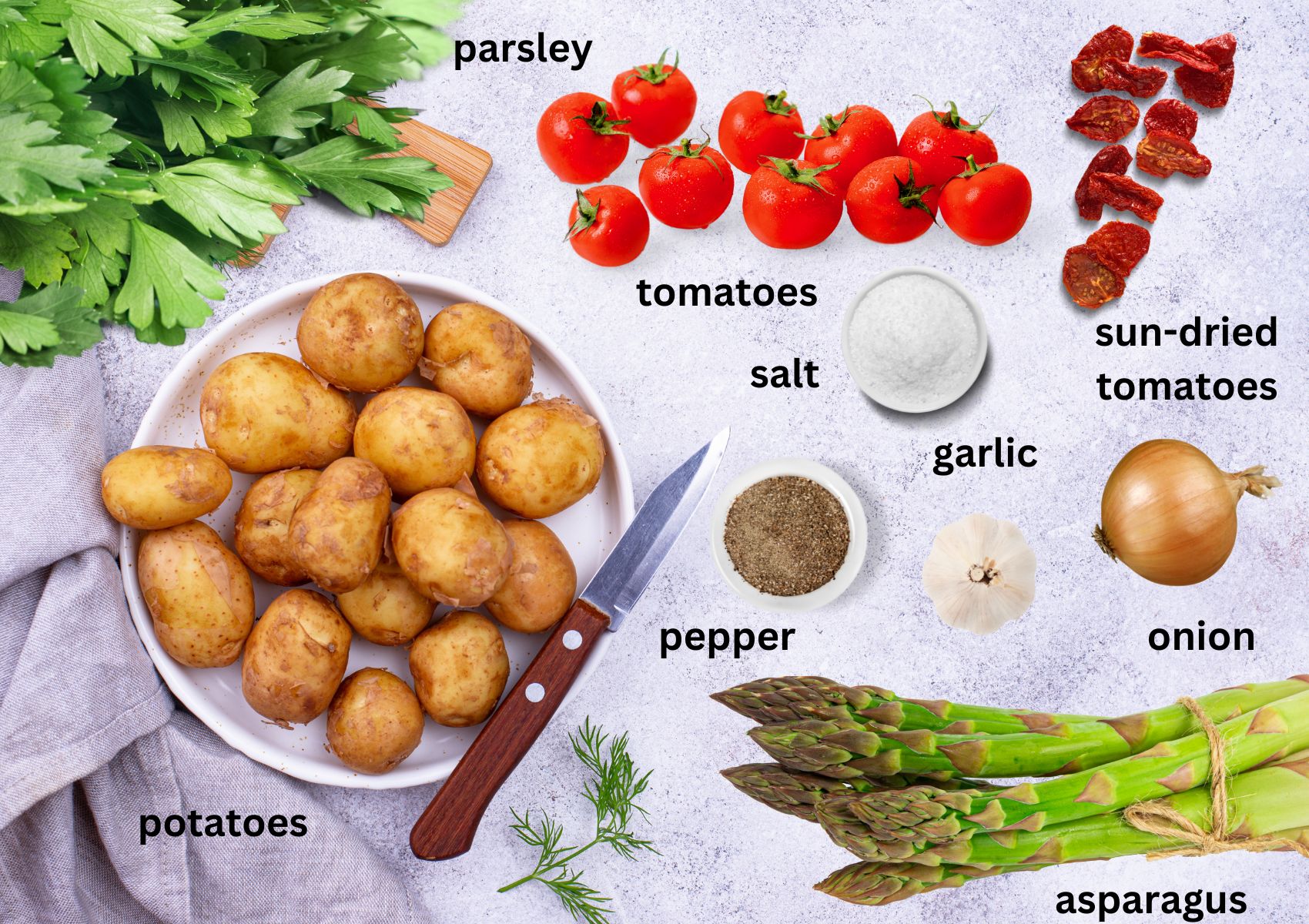 listed ingredients for making asparagus with potatoes and tomatoes. 
