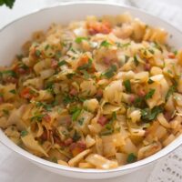 recipe for fried cabbage with bacon in a bowl