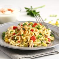 german pasta salad with gherkins on a plate