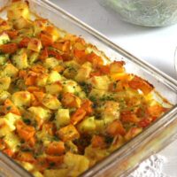 pumpkin potato bake in a transparent baking dish