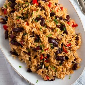 quick jamaican rice and peas on a large serving platter.