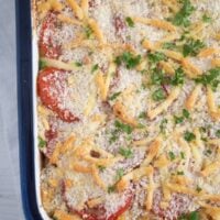 close up tuna casserole with pasta in a small baking dish