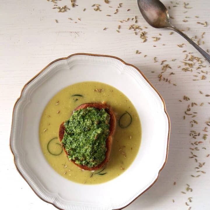 soup with zucchini and fennel seeds in a soup plate