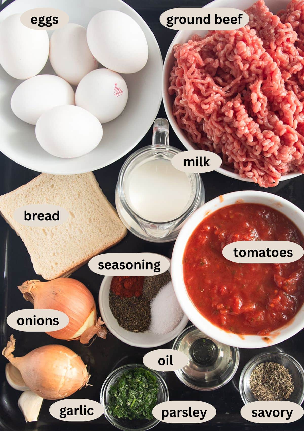 labeled ingredients for making meatloaf with eggs inside.