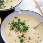 pinterest image with the title german kohlrabi soup.