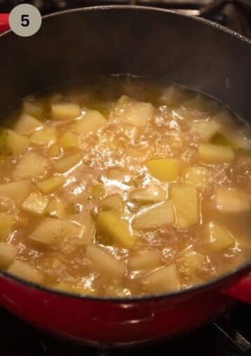 cooked potato and kohlrabi pieces in stock to make soup.