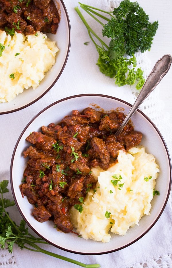 beef goulash with mashed potatoes