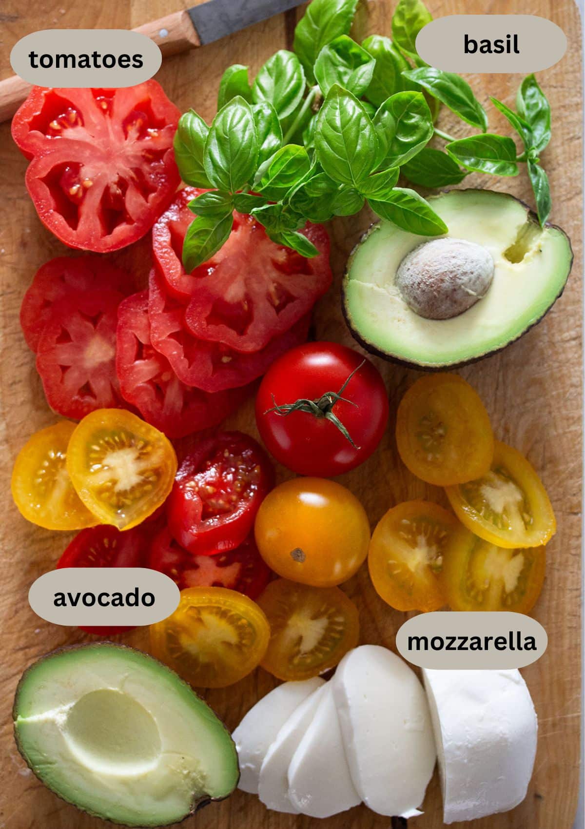 slices of tomatoes and mozzarella, two avocado halves, and basil leaves for salad.