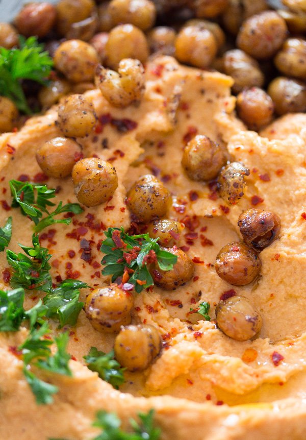 roasted red pepper hummus close up