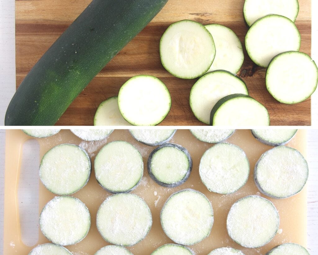 sliced and floured zucchini slices on a cutting board