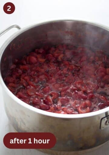 cherries in a pot after one hour of cooking.