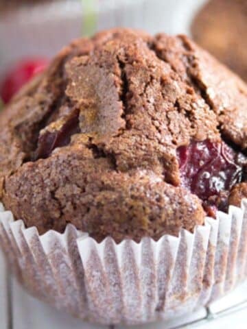 one chocolate cherry muffin close up.