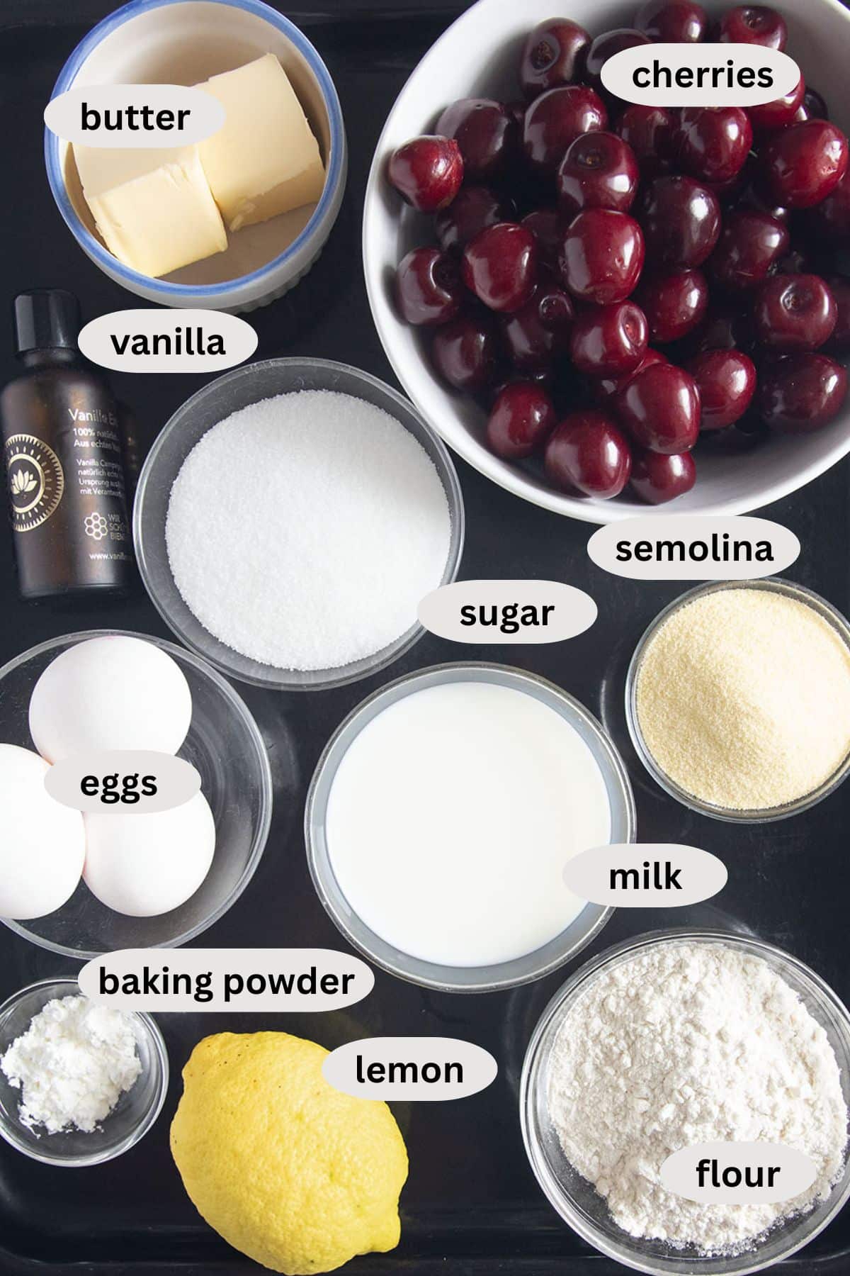 labeled ingredients for making german kirschmichel with fresh cherries, and batter.