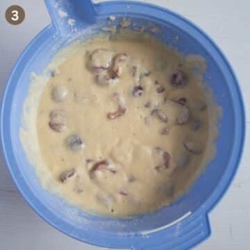 batter for making german kirschmichel in a large, blue bowl.