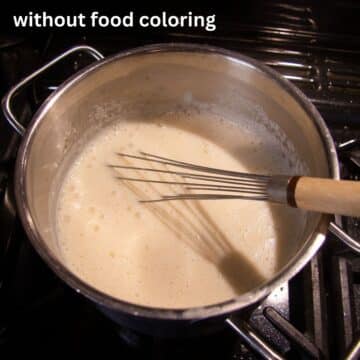 vanilla sauce and a whisk in a saucepan.