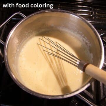 vanilla sauce colored with yellow food coloring and a whisk in a pan.