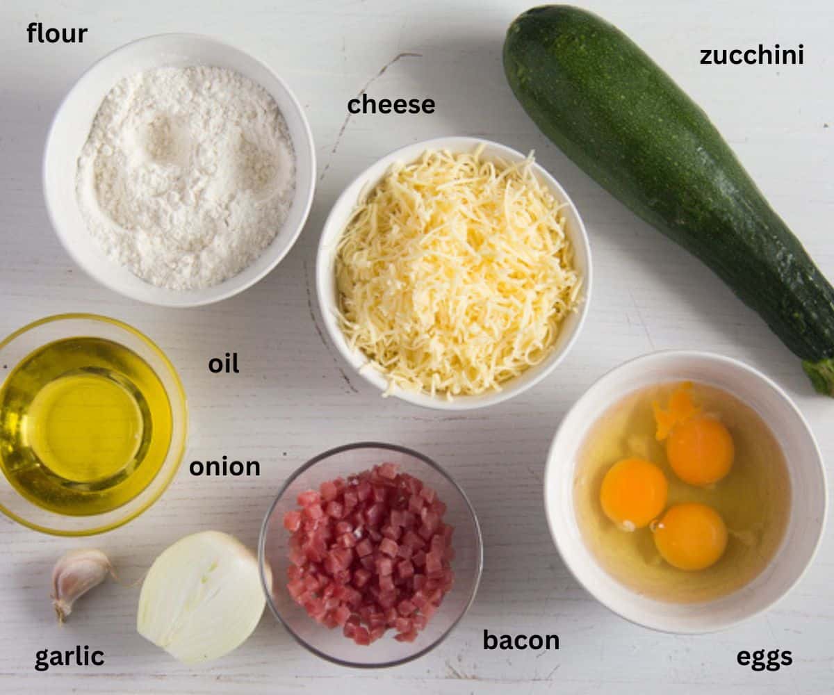 labeled ingredients for making zucchini slice.