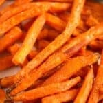 air fryer frozen sweet potato fries close up.