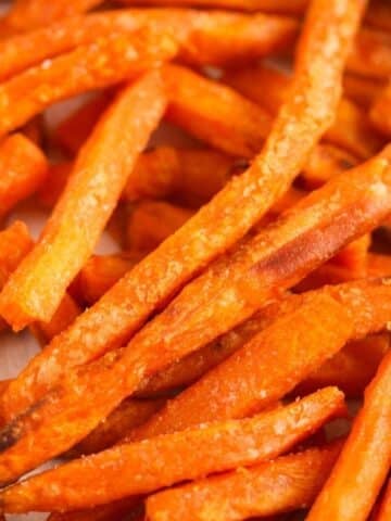 air fryer frozen sweet potato fries close up.