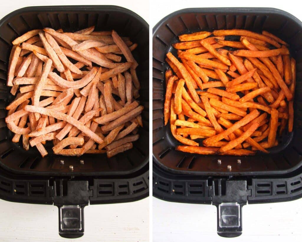 collage of two pictures of fries before and after air frying