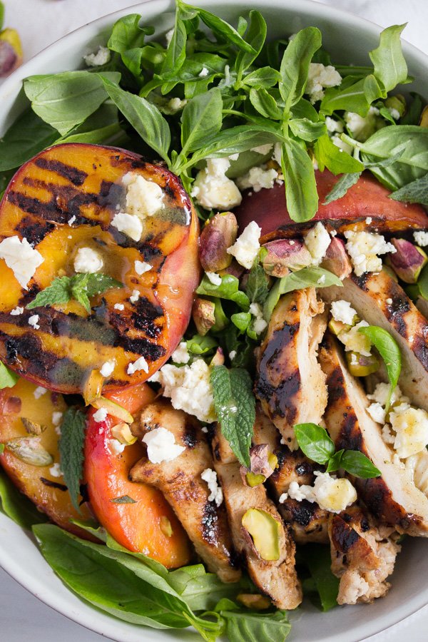 close up grilled peach salad
