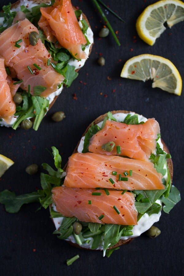 open faced smoked salmon sandwich