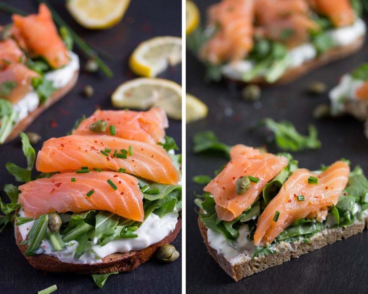 open faced smoked salmon sandwich