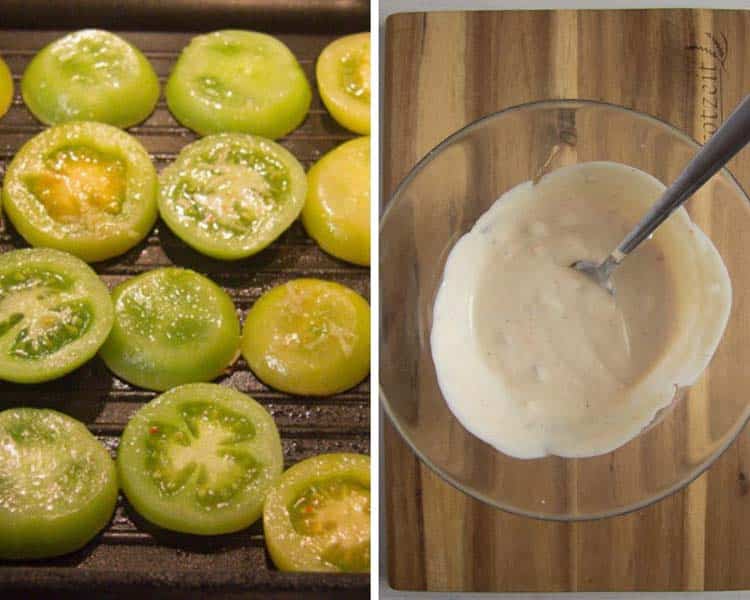 green tomatoes on the grill and yogurt sauce