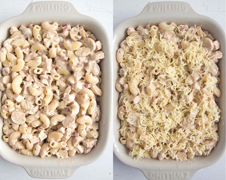 collage of two pictures of uncooked noodles and sauce in a baking dish.