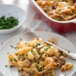 pinterest image with the title leftover chicken pasta bake.